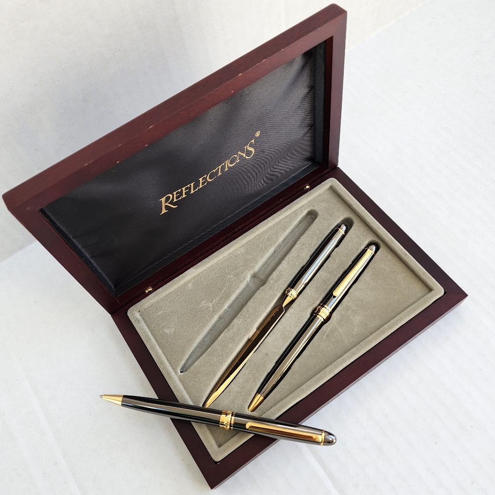 Reflections Ball Point Pen Mechanical Pencil & Letter Opener Desk Set Wooden Box